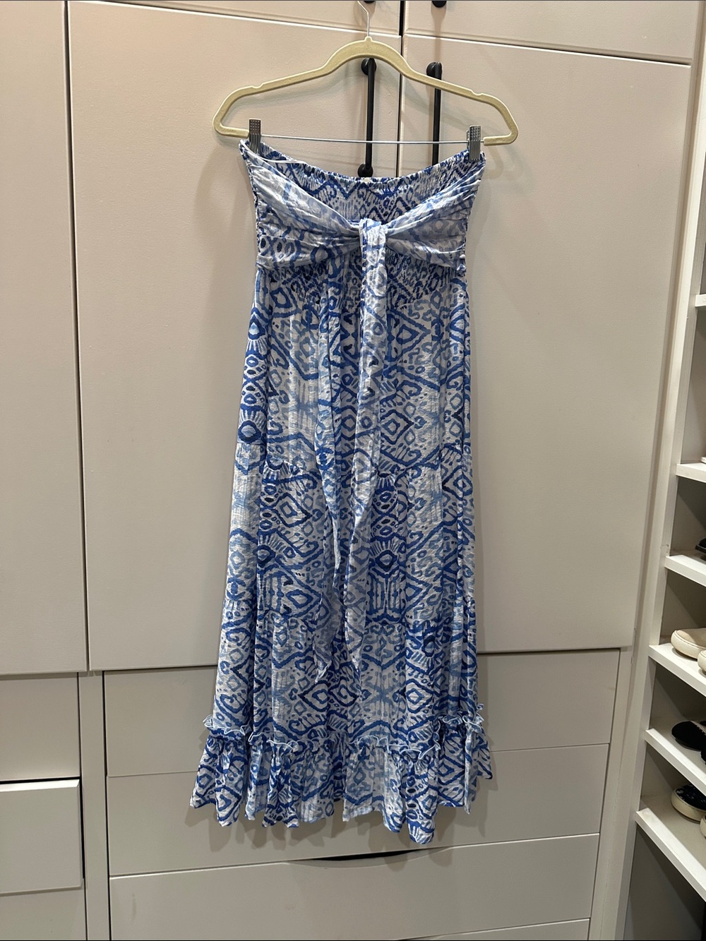 eesome Blue and White Strapless Tie-Front Maxi Dress